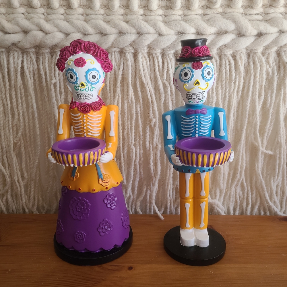 RARE PartyLite Señor & Señorita Day Of The Dead Figurines & Tea Light Holders